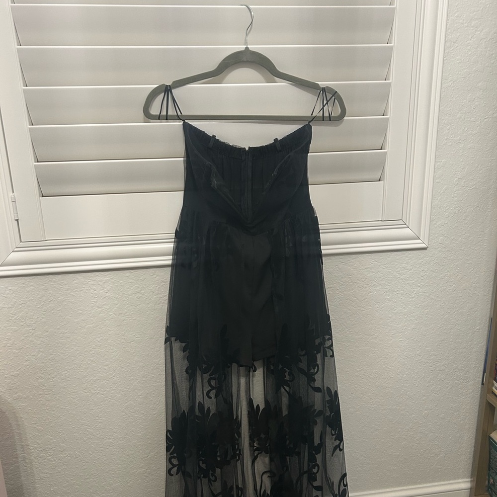 Chic Black Strapless Dress with Floral Overlay